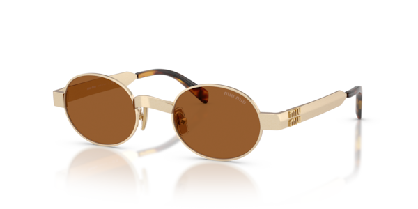 Óculos de sol Miu Miu MUB51S, formato oval, armação em metal dourado, lente marrom