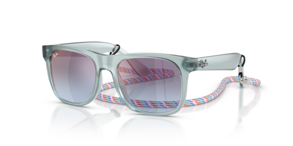 Óculos de sol Ray-Ban Junior Justin Kids Summer Capsule RJ9069S, formato quadrado, armação em nylon injetado azul transparente polido, lente degradê azul espelhado rosé