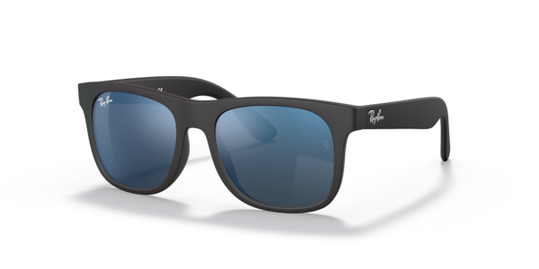 Óculos de sol Ray-Ban Junior Justin Kids RJ9069S, formato quadrado, armação em borracha fosca preta injetada, lente azul espelhada