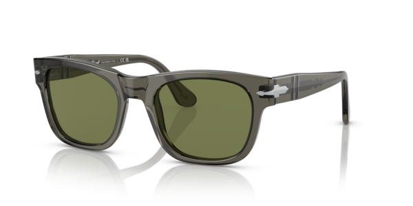 Óculos de sol Persol PO3269S, formato redondo, armação em acetato fumê opalino, lente verde claro cristal