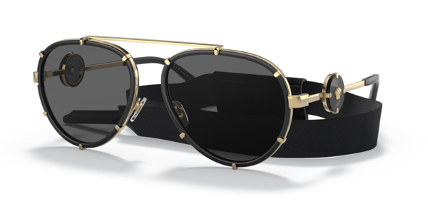 Óculos de sol Versace VE2232, formato aviador, armação em metal dourado e preto, lente cinza degradê