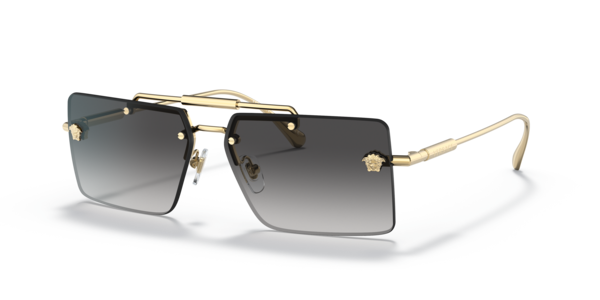 Óculos de sol Versace Medusa Glam VE2245, formato oval, armação em metal preto e dourado, lente cinza degradê