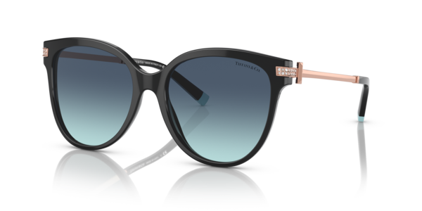 Óculos de sol Tiffany & Co. TF4193B, formato retangular, armação em acetato e metal preto, lente azul degradê