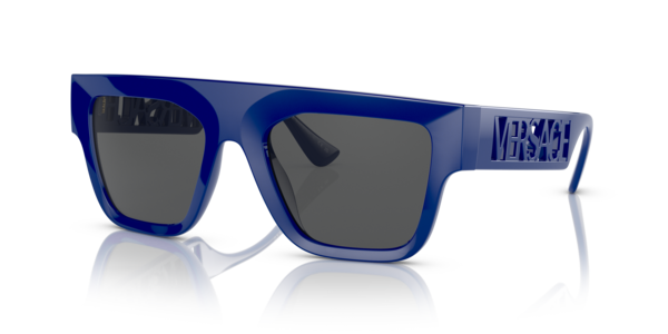 Óculos de sol Versace VE4430U, formato retangular, armação em nylon e propionato azul, lente cinza