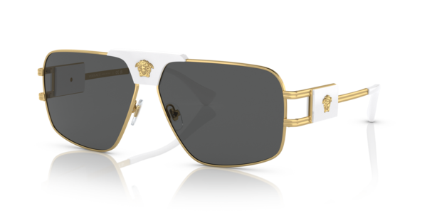Óculos de sol Versace VE2251, formato retangular, armação em metal dourado, lente cinza