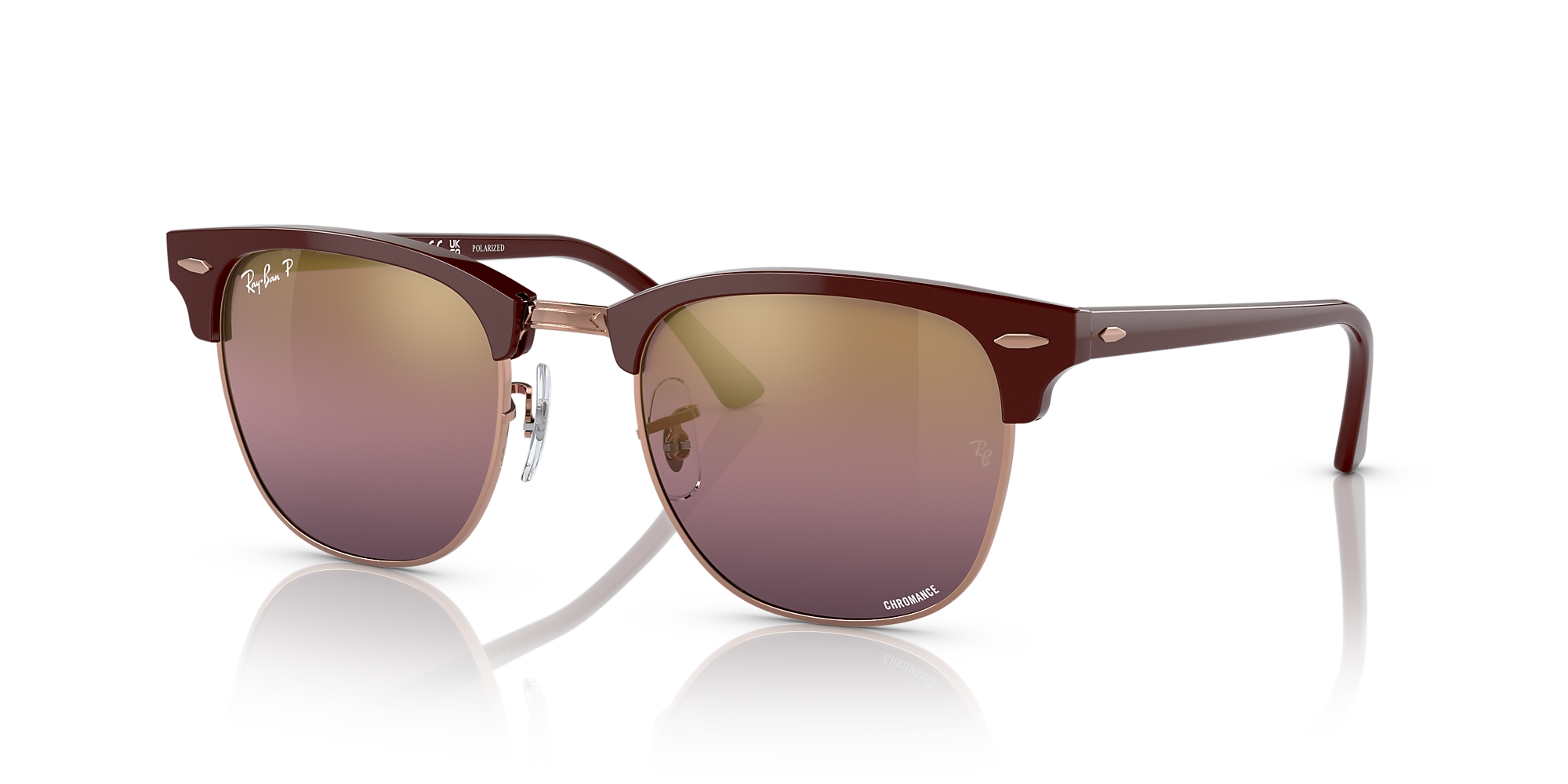 RayBan RB3016F Clubmaster Chromance 55 Gold/Red & Bordeaux On Rose