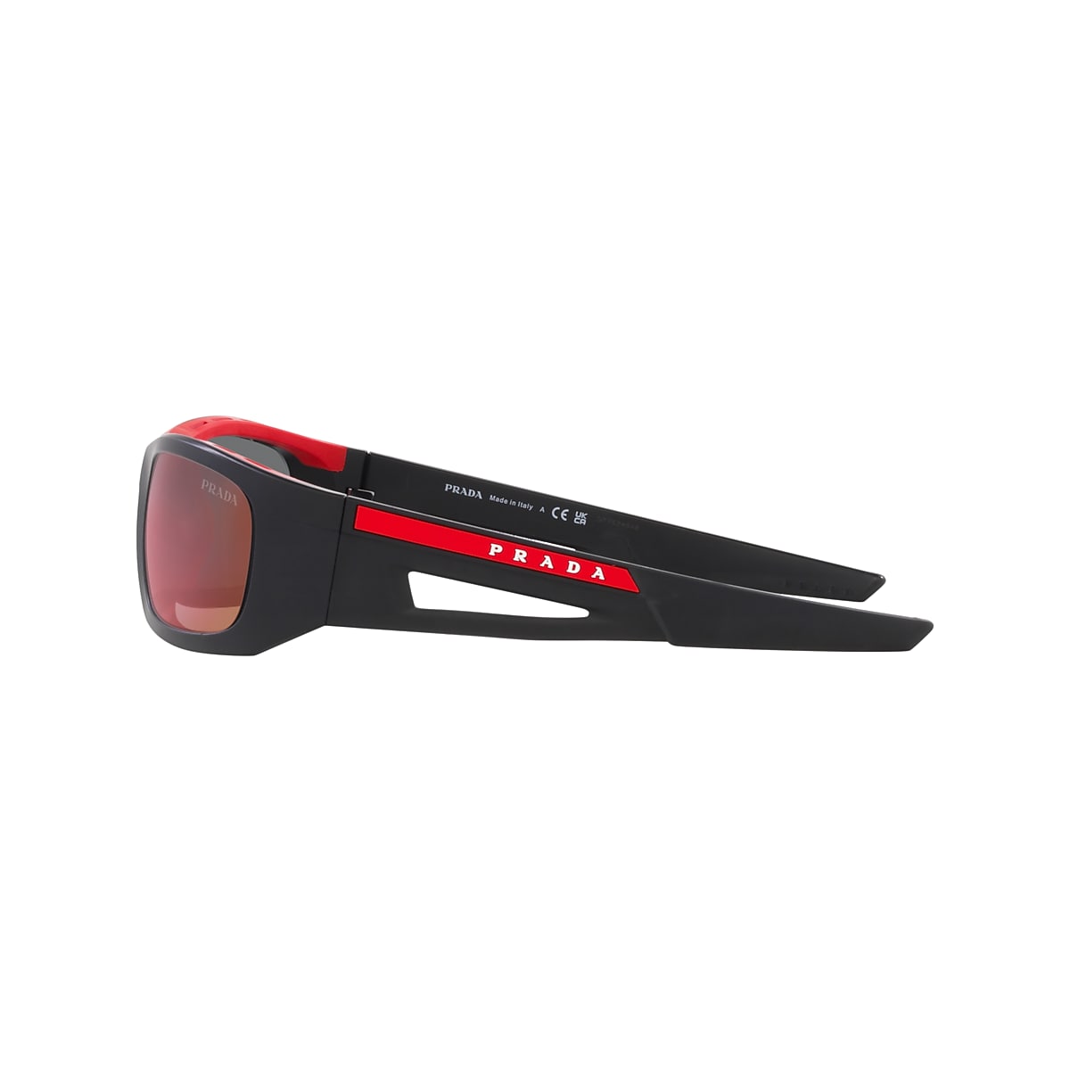 PRADA LINEA ROSSA PS 02YS Mattschwarz/Rot - Sonnenbrille für Mann,  Gläserfarbe: Dunkelgrau/Blau-Rot verspiegelt
