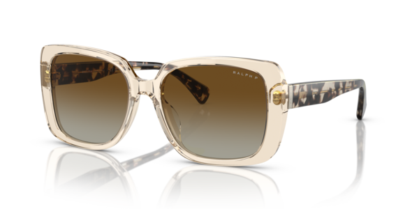 Óculos de sol Ralph RA5298U, formato retangular, armação em acetato marrom claro, lente marrom degradê polarizada