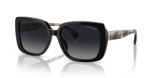 Óculos de sol Ralph RA5298U, formato retangular, armação em acetato preto, lente cinza degradê polarizada