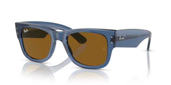 Óculos de sol Ray-Ban Mega Wayfarer Bio-based RB0840S, formato quadrado, armação em acetato biobased azul transparente, lente marrom