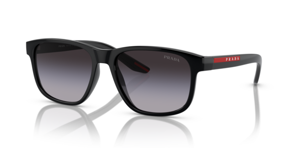 Óculos de sol Prada Linea Rossa PS06YS, formato retangular, armação em nylon preto, lente cinza degradê