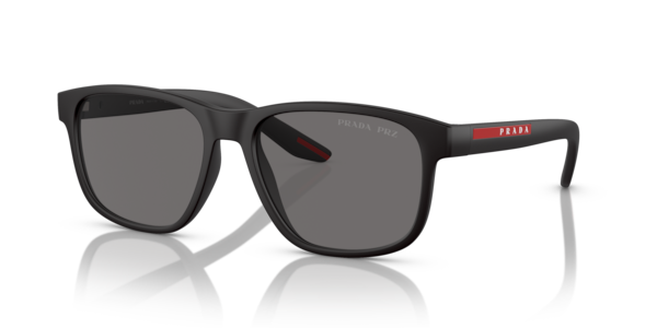 Óculos de sol Prada Linea Rossa PS06YS, formato retangular, armação em nylon preto fosco, lente cinza escura