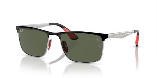 Óculos de sol Ray-Ban Scuderia Ferrari Collection RB3726M, formato piloto, armação em metal preto e prata, lente verde escuro