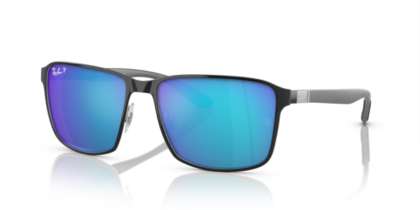 Óculos de sol Ray-Ban RB3721CH Chromance RB3721CH, formato redondo, armação em metal preto sobre prata, lente azul polarizada