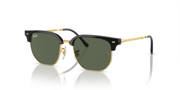 Óculos de sol Ray-Ban Junior New Clubmaster Kids RJ9116S, formato redondo, armação em nylon injetado preto e dourado, lente verde escura