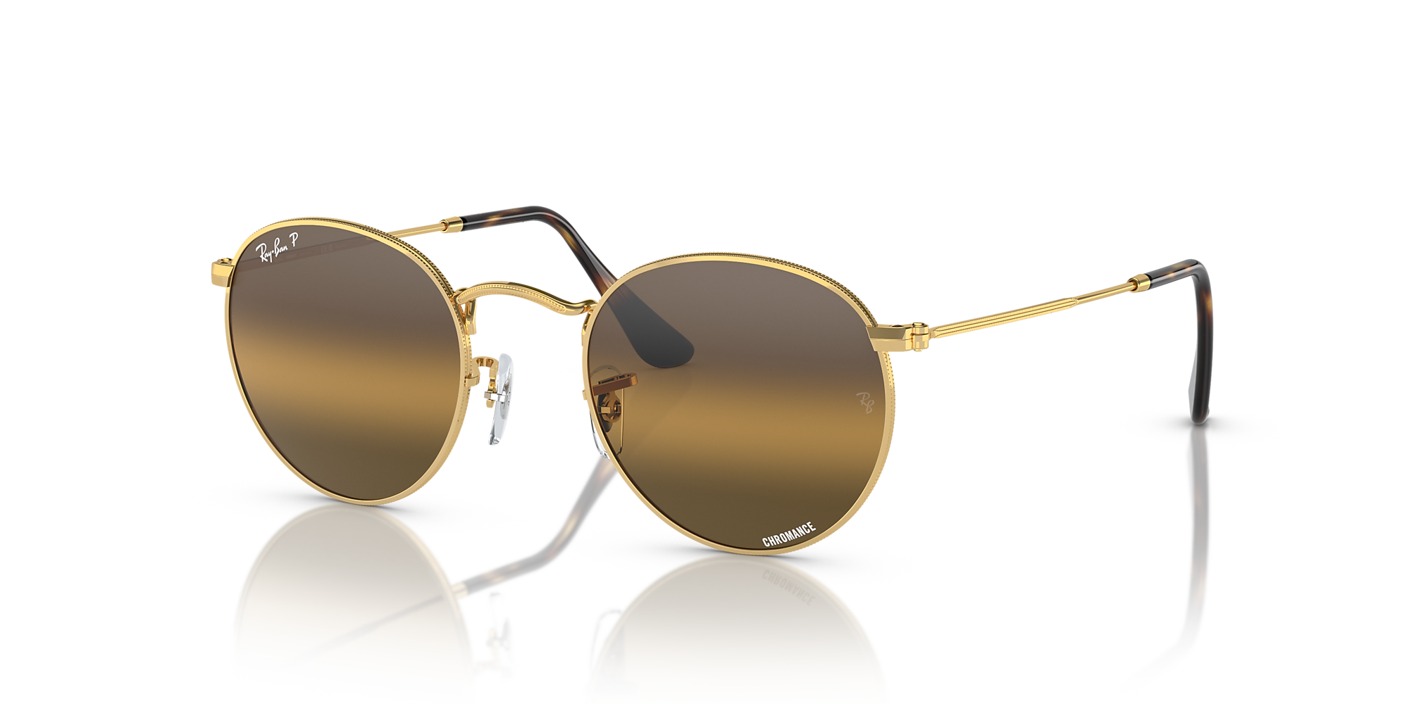 Ray-Ban RB3447 Round Metal Chromance 53 Silver/Brown & Gold Polarized ...