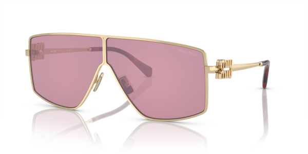 Óculos de sol Miu Miu MU51ZS, formato máscara, armação em metal dourado, lente rosa
