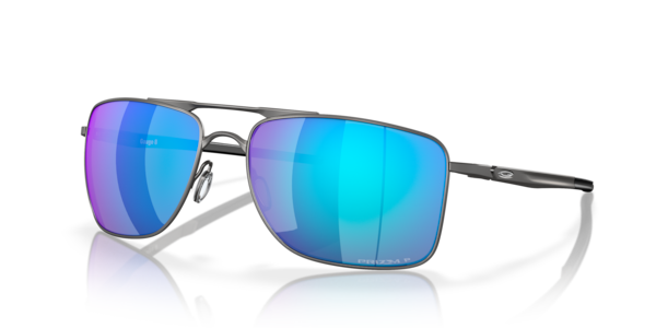 Óculos de sol Oakley Gauge 8, formato retangular, armação em metal cinza, lente azul